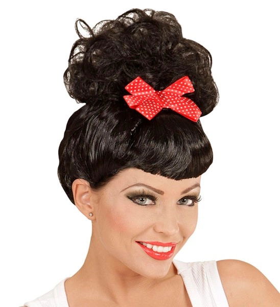 "PERRUQUE DE PIN UP BRUNE ROCKABILLY AVEC NOEUD ROUGE" en boite