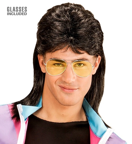 " PERRUQUE MULET NOIRE ANNEES 80 AVEC LUNETTES" (en sachet)