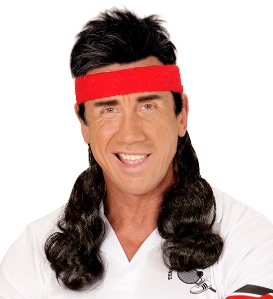 "BANDEAU ROUGE AVEC CHEVEUX NOIRS FRISES"