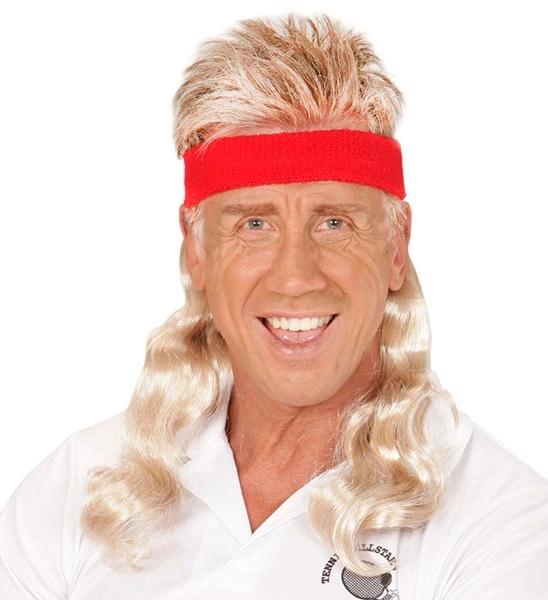 "BANDEAU ROUGE AVEC CHEVEUX BLONDS FRISES"