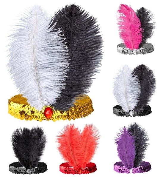 "BANDEAU CHARLESTON A PAILLETTES AVEC PIERRE ET 2 PLUMES" 6 couleurs au choix