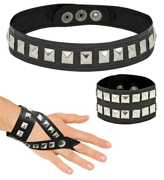 "SET HARD ROCK" simili cuir (ras du cou clouté, bracelet, gant pour doigts)