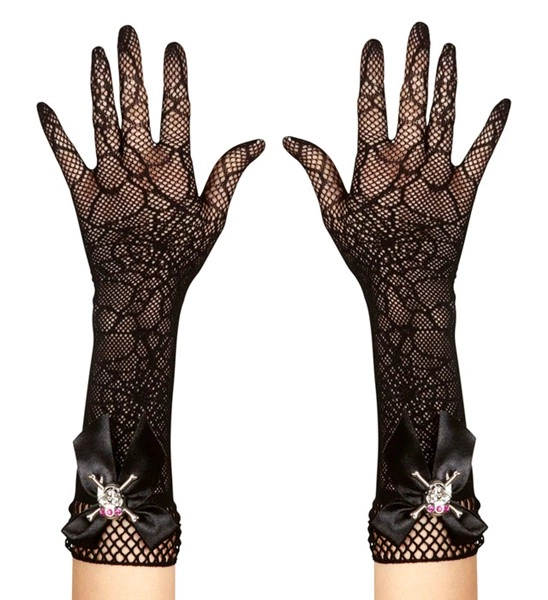 "GANTS A MAILLE TOILE D'ARAIGNEE AVEC CRÂNE STRASS - 33 cm"