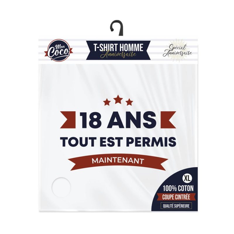 T SHIRT "18ANS TOUT EST PERMIS MAINTENANT" HOMME XL .