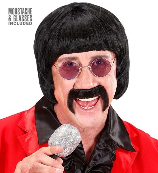 "PERRUQUE NOIRE 60s MUSIC MAN AVECMOUSTACHE ET LUNETTES" en boîte