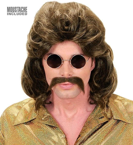 "PERRUQUE ET MOUSTACHE HOMME DES ANNEES 70" brune - en boite