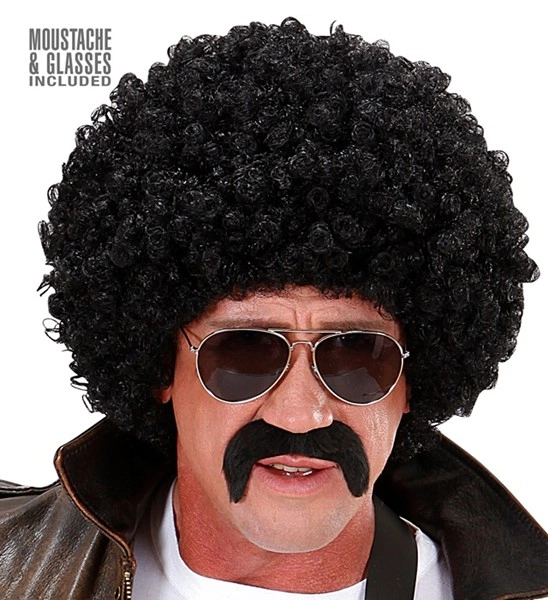 "PERRUQUE FRISEE NOIRE AGENT SECRET AVEC MOUSTACHE ET LUNETTES DE SOLEIL" en boîte