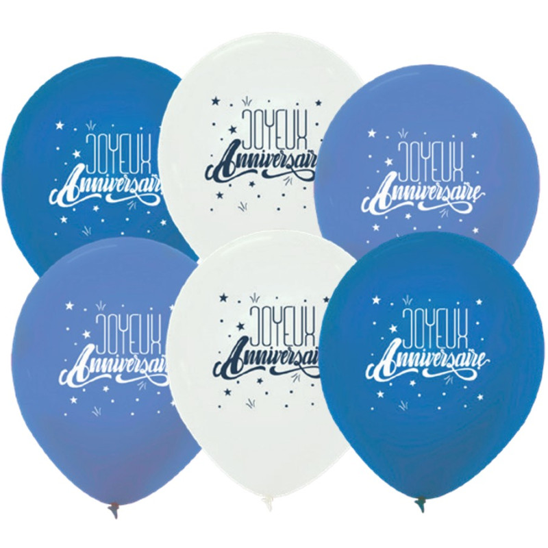 6 Ballons Bleus Joyeux Anniversaire 30 cm