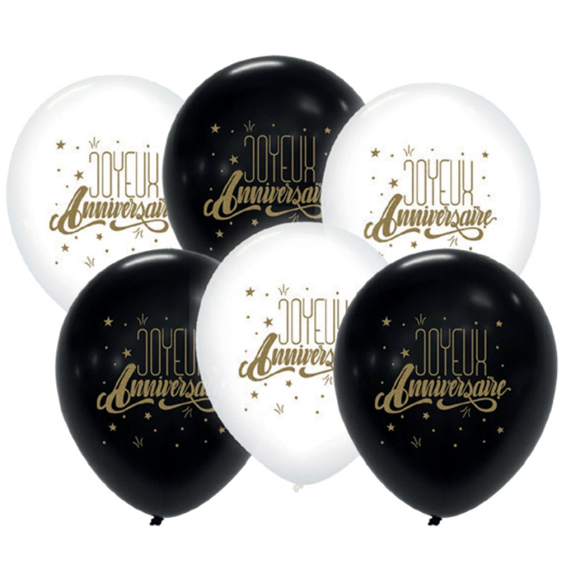 6 Ballons Joyeux Anniversaire Blanc / Noir – 30 cm