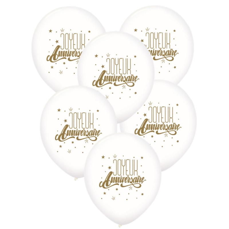 6 Ballons latex Joyeux Anniversaire Blanc – 30 cm